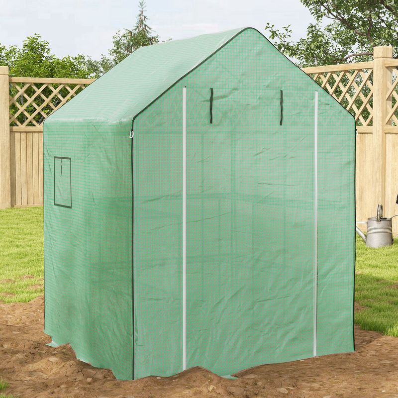 Outsunny 4.6' x 4.7' Portable Greenhouse, Small Walk-In Greenhouse, Hot House with 2 Tier U-Shape Flower Rack, 2 of 7