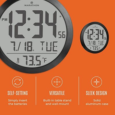 Marathon 15-Inch Black Aluminum Digital Wall Clock with Calendar and Temperature Display