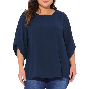 Agnes Orinda Women's Plus Size Swiss Dots Round Neck Petal Sleeve Casual Summer Blouse - 1 of 4