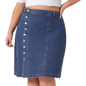 Agnes Orinda Women's Plus Size Denim Button Front High Waist A-Line Midi Casual Jean Skirt - 1 of 4