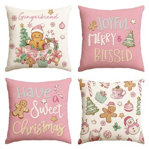 Have a Sweet Christmas Gingerbread Man Candy Cane Throw Pillow Covers, 18 x 18 Inch Joyful Blessed Pink - 1 of 4