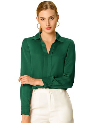 INSPIRE CHIC Women's Elegant V Neck Long Sleeve Office Work Satin Shirt
