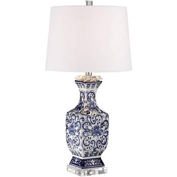 Barnes and Ivy Traditional Asian-Inspired Table Lamp with Dimmer 28" Tall Blue White Floral Porcelain White Drum Shade for Bedroom Living Room Bedside