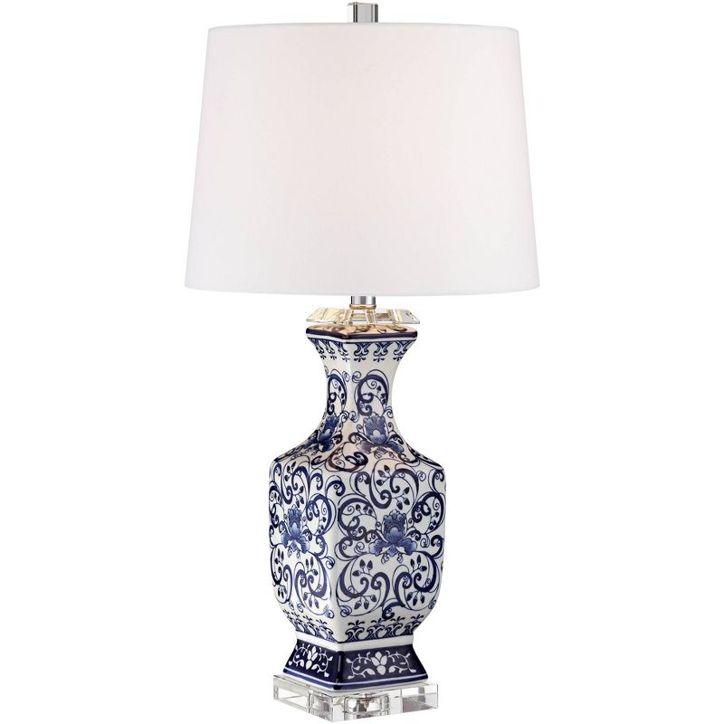 Barnes and Ivy Traditional Asian-Inspired Table Lamp with Dimmer 28" Tall Blue White Floral Porcelain White Drum Shade for Bedroom Living Room Bedside, 1 of 10