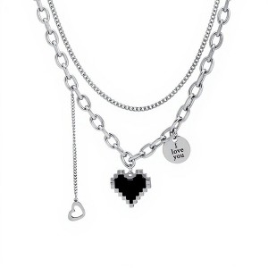 Anna-Kaci Women's Layered Chain Necklace with Pixel Heart and Engraved Charm Pendants - Silver - 1 of 4