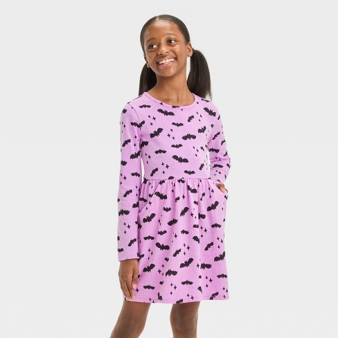 Girls Long Sleeve Halloween Bats Dress Cat Jack Neon Purple S Target