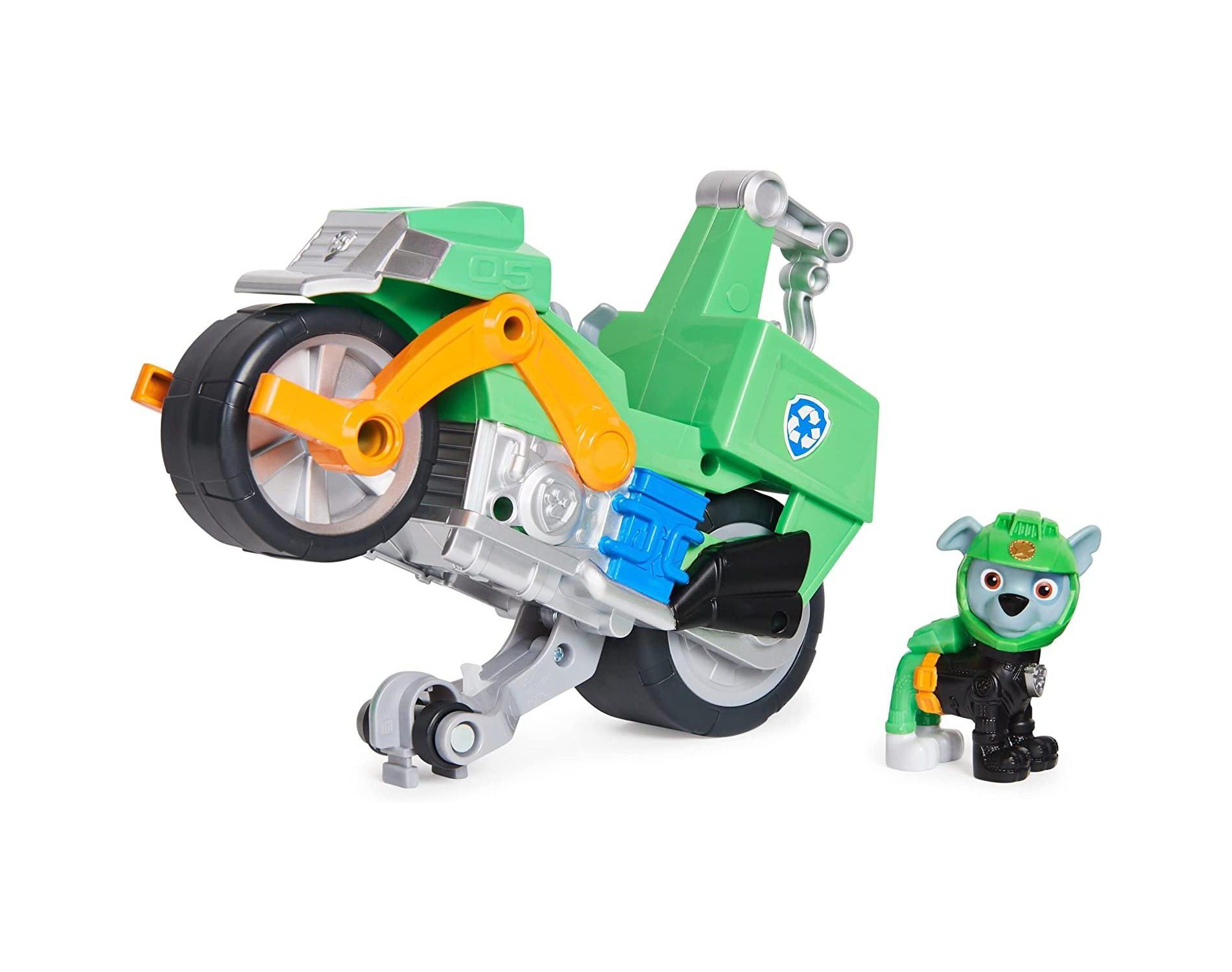 PAW Patrol Moto Pups Rocky's Deluxe Pull-Back Motorcycle Vehicle with Wheelie Feature & Toy Figure, Kids Toys for Ages 3 & Up