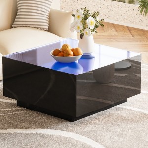 27.5" x 27.5" Modern Square High Glossy Coffee Table, with 16-color LED Strip Lights & 5mm Frosted Tempered Glass Top, for Living Room - 1 of 4
