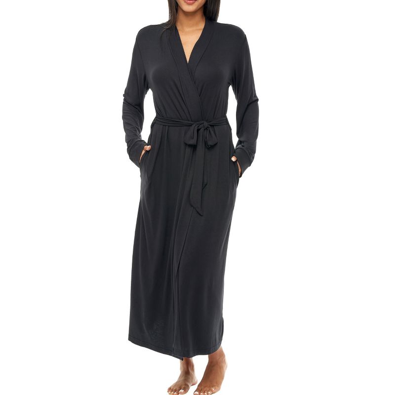 ADR Women's Lightweight Cotton Robe, Classic Soft Knit Long Lounge Robe with Pockets Black Small