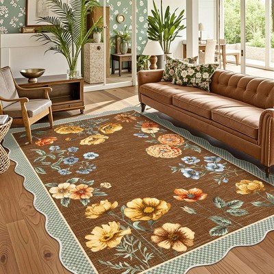 Farmhouse Washable Rug Floral Living Room Rug with Non Slip Rubber Backing, Foldable Floor Mats