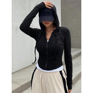 Women's Cardigan Ribbed Knit Zip-Up Crop Hoodie Long Sleeve Fitted Cropped Hooded Jacket - 1 of 4