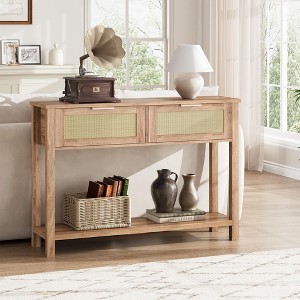 43" Rattan Console with 2 Drawers, Boho 2-Tier Narrow Entryway Table Sofa Behind The Couch with Storage - 1 of 4