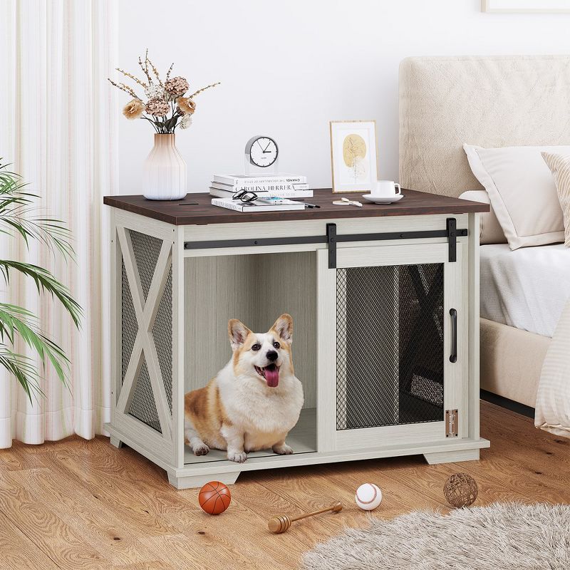 Towallmark 37 "Sliding Barn Door Dog Crate Furniture With Flip Top And Removable Divider, Wooden Dog Crate Table, Kennel Side Table, White, 3 of 7