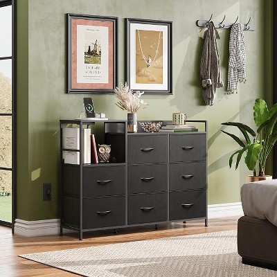 GALAXHERO 8-Drawer Fabric Dresser TV Stand with Charging Station and Open Shelves, Wood Top Storage Chest of Drawers for Bedroom, Living Room, Hallway