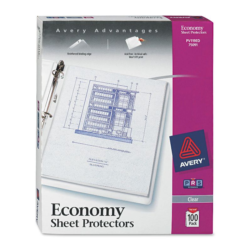 Avery Top-Load Sheet Protector Economy Gauge Letter Clear 100/Box 75091, 1 of 9