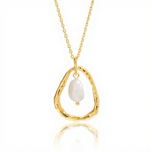 Anna-Kaci Textured Open Teardrop Pendant Necklace with Organic Hammered Frame and Dainty Suspended Faux Pearl Accent Charm - Gold - 1 of 4