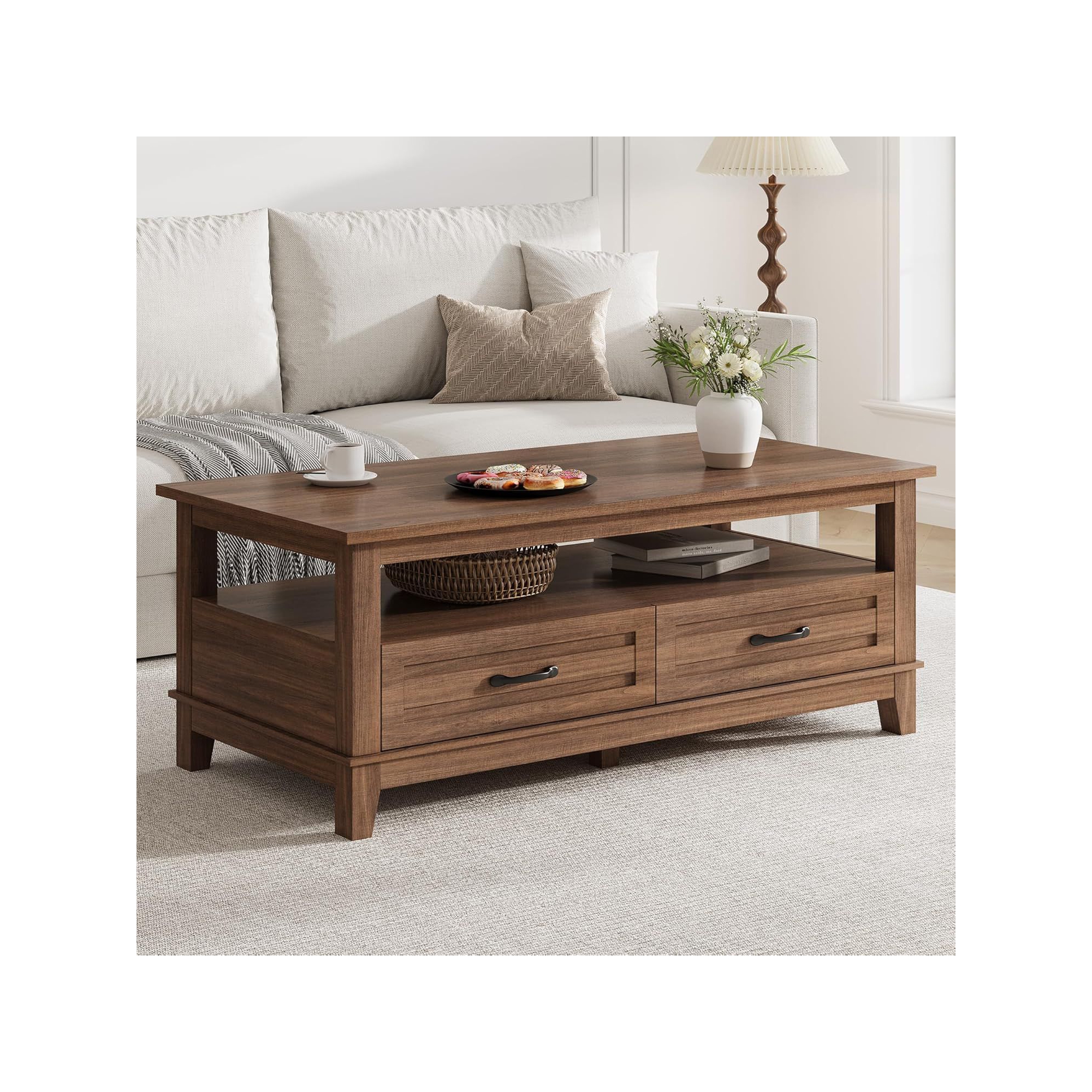 Acekool Farmhouse Coffee Table, 2 Drawers & Open Shelf, 47.24" Rectangular Center Table, Stable 6-Leg Structure, Brown