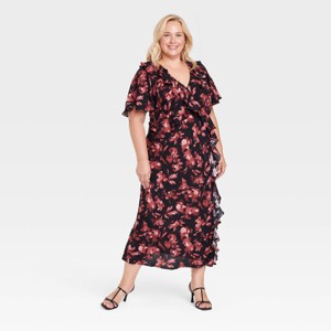Women's Ruffle Flounce Short Sleeve Maxi Dress - A New Day™ Black/Red Floral - 1 of 3