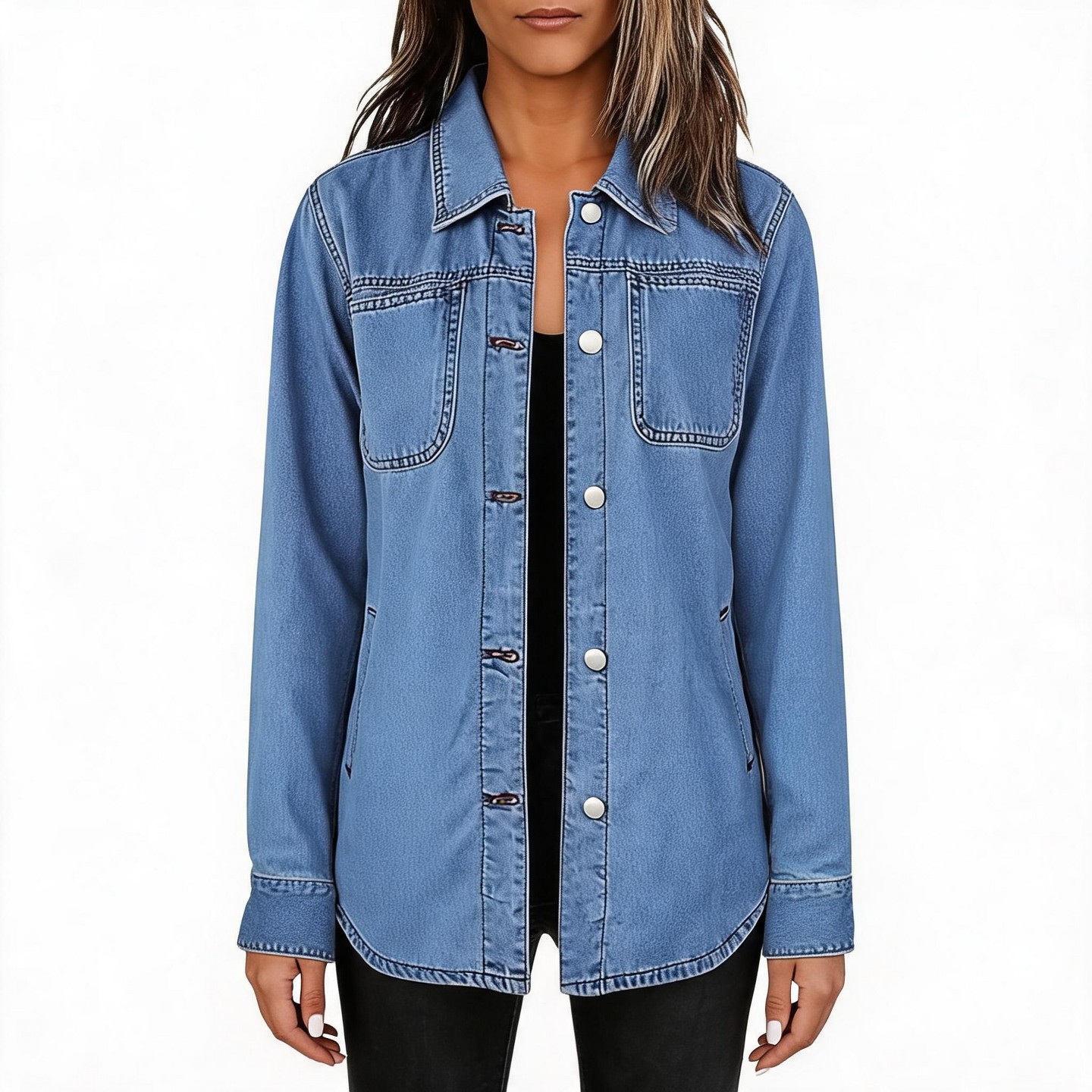 Женская куртка EadianDree Women Denim Jacket Long Sleeve Lapel Button Front Patch Pockets Casual Outerwear, цвет: Джинсовый — фото 1