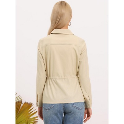 Женские куртки INSPIRE CHIC Women's Button Down Drawstring Waist Lapel Lightweight Spring Linen Utility Jacket Small Khaki — фото 3