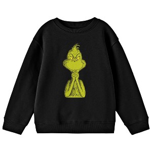 The Grinch Half Body Menacing Smile Boy's Black Crew Neck Long Sleeve Sweatshirt - 1 of 2