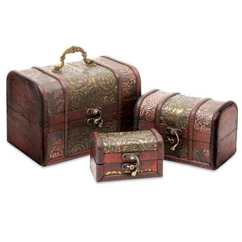 Juvale S3-Set Tiny Wooden Treasure Chest Boxes with Flower Motifs, Decorative Vintage Style Trunks for Jewelry Keepsakes, and Home Decor (3 Sizes)