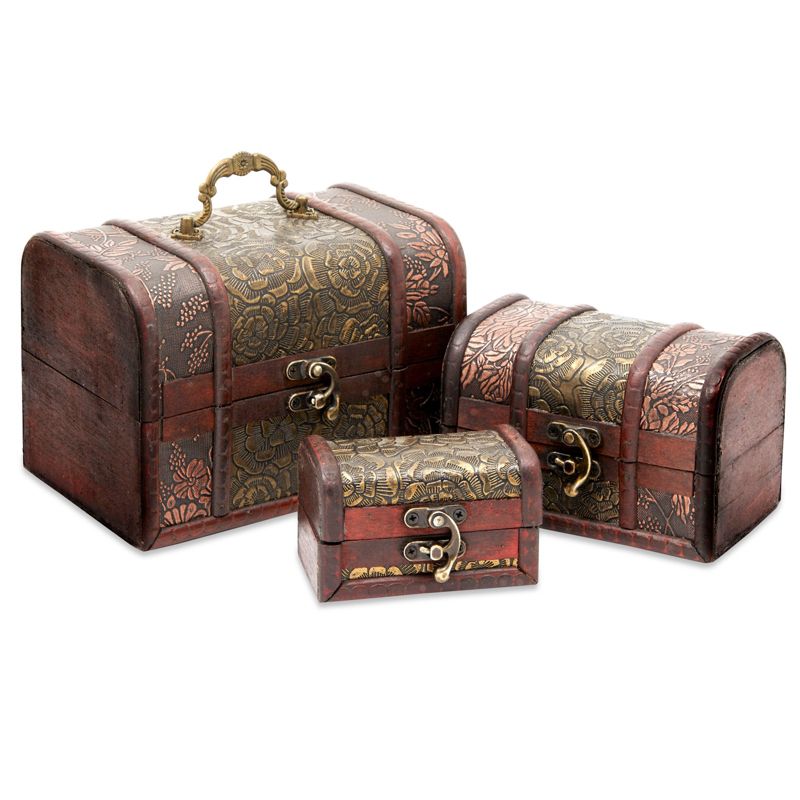 Juvale S3-Set Tiny Wooden Treasure Chest Boxes with Flower Motifs, Decorative Vintage Style Trunks for Jewelry Keepsakes, and Home Decor (3 Sizes), 1 of 10