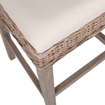 White Upholstered Rattan Counter Stool with Wooden Base