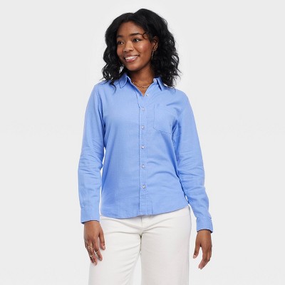 Women's Linen Long Sleeve Collared Button-Down Shirt - Universal Thread™ Blue M