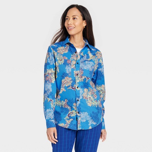 Houston White Adult Long Sleeve Woven Button-down Shirt - Blue Floral ...