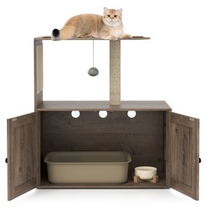 Costway 34.5” Cat Litter Box Enclosure Cat Climbing Tower w/Sisal Scratching Post & Mat - 1 of 4