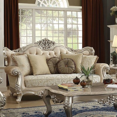 88" Champagne Gold Tufted Victorian-Inspired Sofa with 7 Pillows