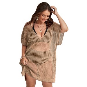 Plus Size Crochet Bikini Cover Ups Lightweight Swimsuits Cover Ups Deep V Neck Hollow Out Beach Cover Ups Swimwear Beachwear - 1 of 4