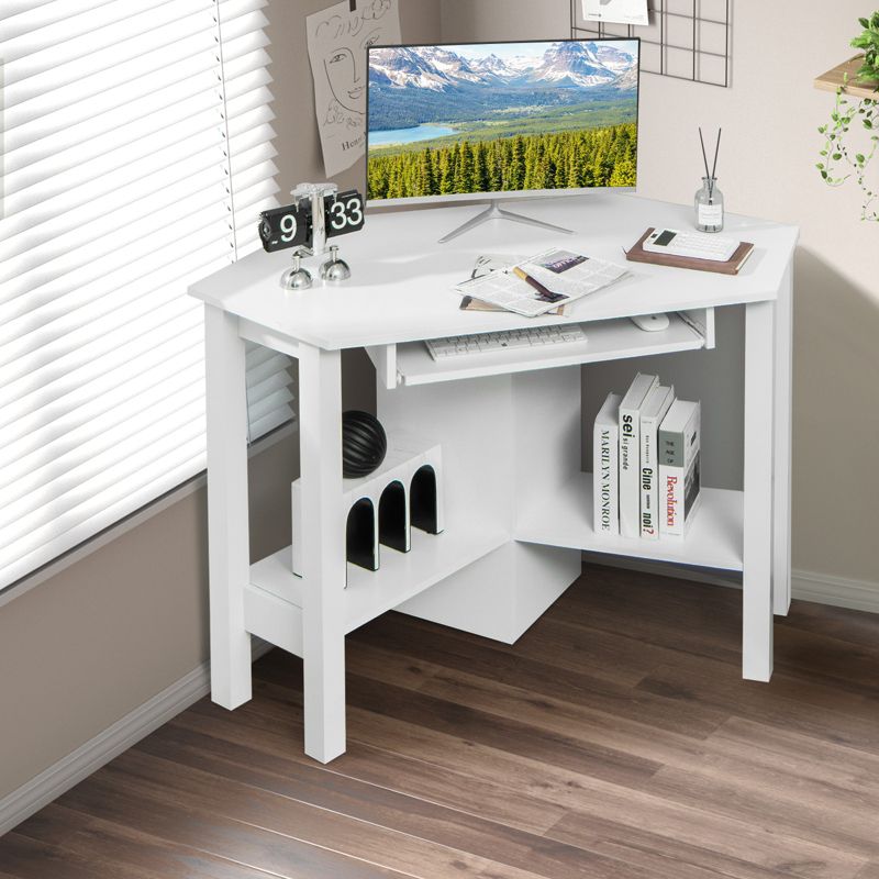 Costway Wooden Corner Desk With Drawer Computer PC Table Study Office Room White, 4 of 11