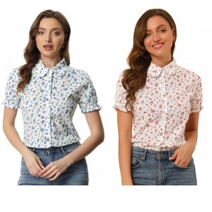 INSPIRE CHIC Women's Peter Pan Frilled Short Sleeve Floral Cotton Top 2 Packs - 1 of 4