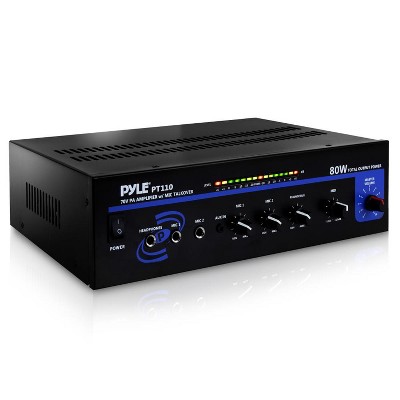 Pyle PT110 Compact 80 Watt Microphone PA Mono Amplifier Speaker Receiver System with RCA, Headphone, 2 Microphone Inputs, Independent Volume Control