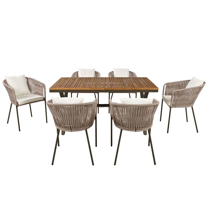 7-Piece Patio Dining Set, All-Weather Outdoor Furniture Set with Dining Table and Chairs, Acacia Wood Tabletop+Metal Frame 4A - ModernLuxe, 5 of 13
