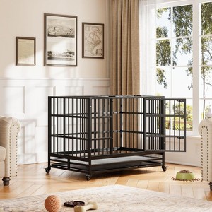 Heavy-Duty Mobile Dog Cage with Locking Wheels, Durable Stainless Steel Kennel Cage, with Double Doors, Removable Tray, Casters, Foldable Design - 1 of 4