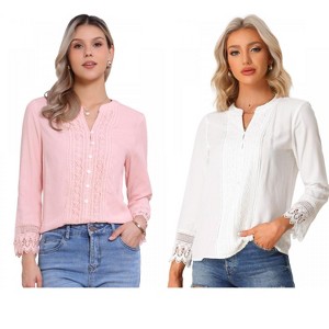 INSPIRE CHIC Women's Half Button Placket Long Sleeve Lace Crochet Boho Blouse 2 Packs - 1 of 4
