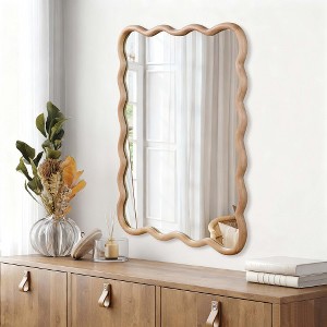 Wooakway 30"W*40"H Wavy Rectangle Mirror Natural Wood/White/Yellow Brown Frame Modern Decorative Wall Mirror for Living Room Bedroom Bathroom Entryway - 1 of 4