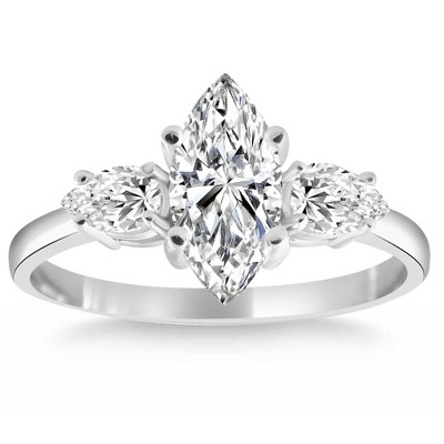 Pompeii3 1 1/3Ct Marquise & Pear Shape Diamond 3 Stone Engagement Ring 14k Gold Lab Created