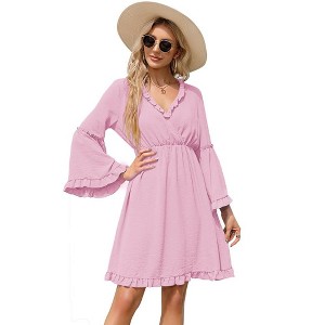WhizMax 2024 Long Sleeve Dress for Women Wrap V-Neck Bell Sleeve A-line Knee Length Dress Ruffle Flowy Swing Dresses - 1 of 4