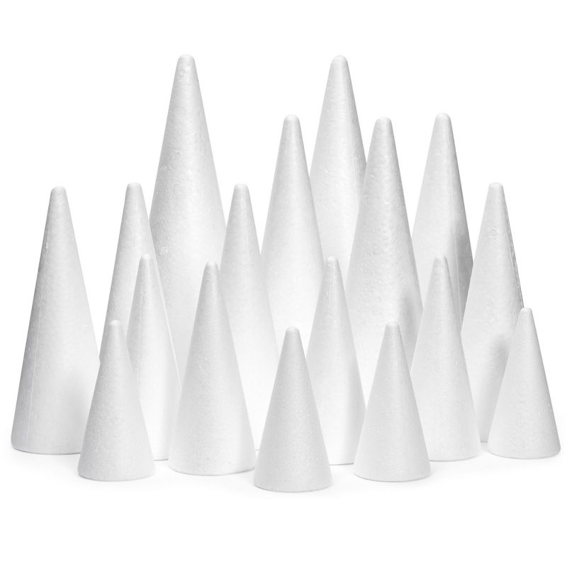 Bright Creations 18 Pack Foam Cones for Crafts, 5 Assorted Sizes for Trees, Holiday Decorations, Handmade Gnomes (White, 4.3-12"), 1 of 7