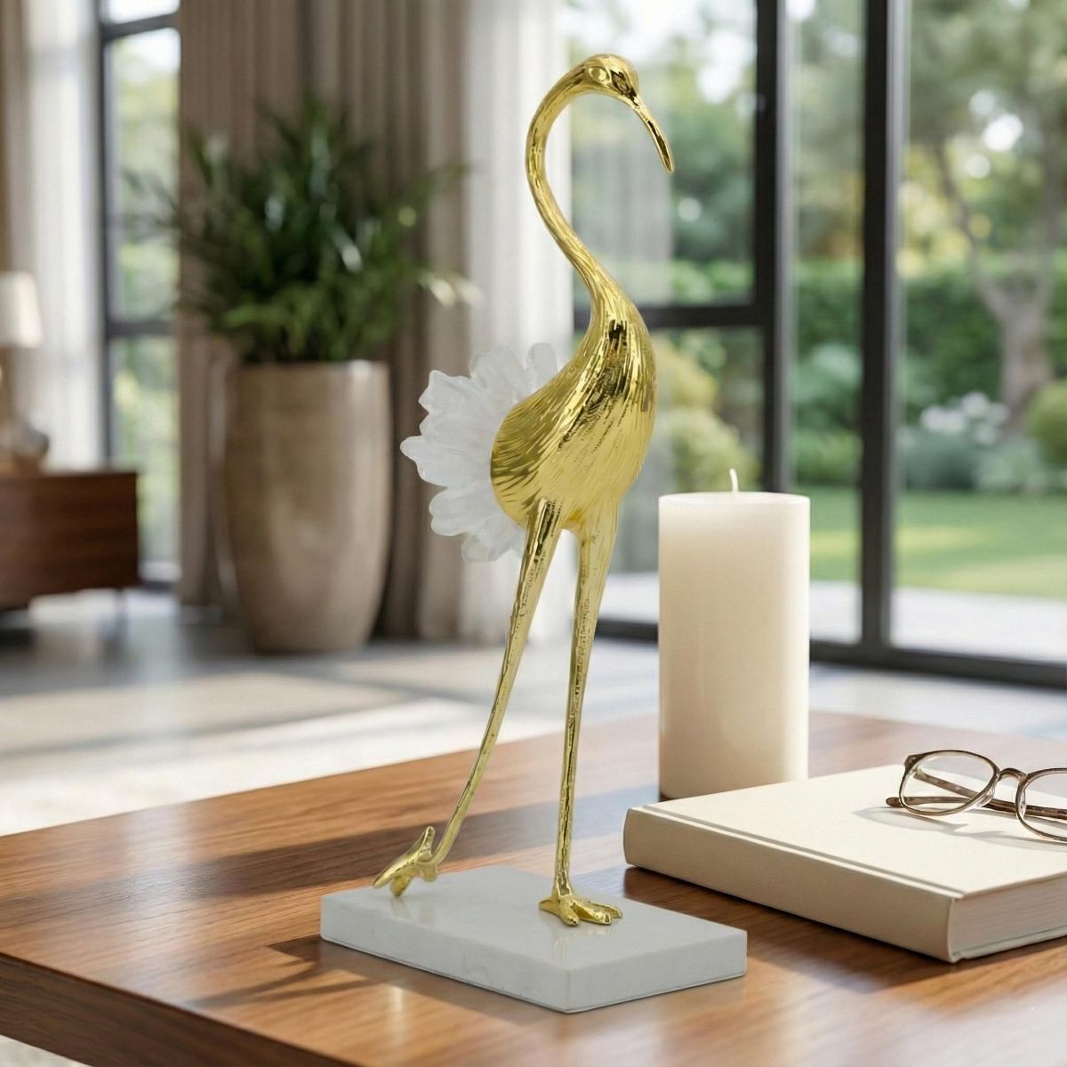 Elegant Crane Sculpture with Marble Base, Decorative Bird Statue for Tabletop Display, Living Room Accent, Entryway Decor, or Centerpiece Ornament