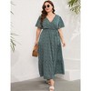 Women Plus Size Maxi Dress V Neck Summer Dress Short Sleeve Long Dress High Waist Ruffle Casual Dress with Belt, Dark Green White Leaves, 4XL - 3 of 4
