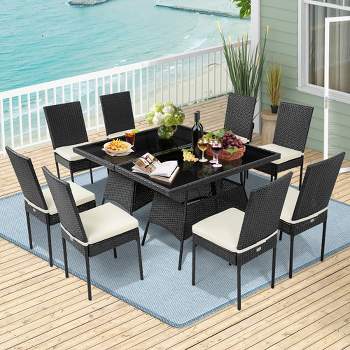 Costway 10PCS Patio Rattan Dining Set Cushioned Chair Table with Glass Top Garden Furniture
