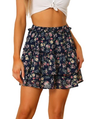 INSPIRE CHIC Women's Layered Ruffle Hem Elastic Waist A-Line Skater Floral Mini Skirt