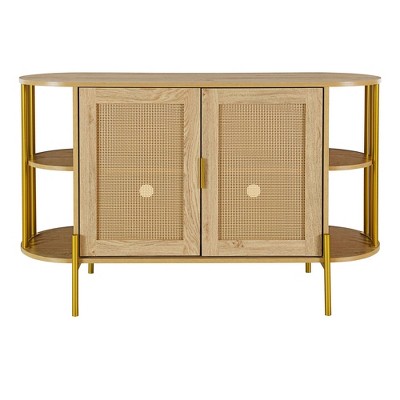 NicBex 47.2 Inch 2-Door Curved Storage Cabinet with Gold Trim and Woven Rattan Doors for Living Room,Kitchen,Hallway