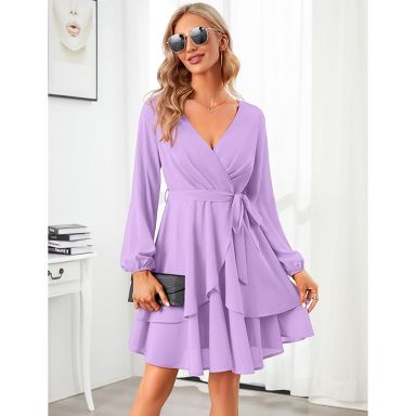 Clearlove Women Mini Dress Wrap V Neck Long Sleeve Waist Tie Dress Layerd  Flowy Flutter Skater Dress Purple Large : Target