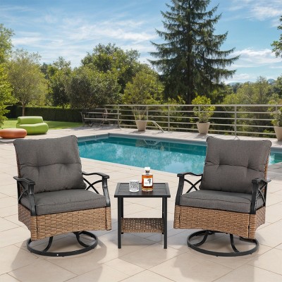 Outdoor Patio Conversation Set, 3 Pcs Seating Set with Swivel Chairs and Table, Wicker Chairs with Removable Cushions-Coolbibila